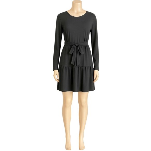 Women’s Black Long Sleeve Relaxed Fit Layered Dress XL Knee Length Self Tie Belt - Picture 4 of 10